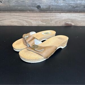 Vintage Dr. Scholl’s Wooden Clog Exercise Sandals Tan Leather Made In Italy 5